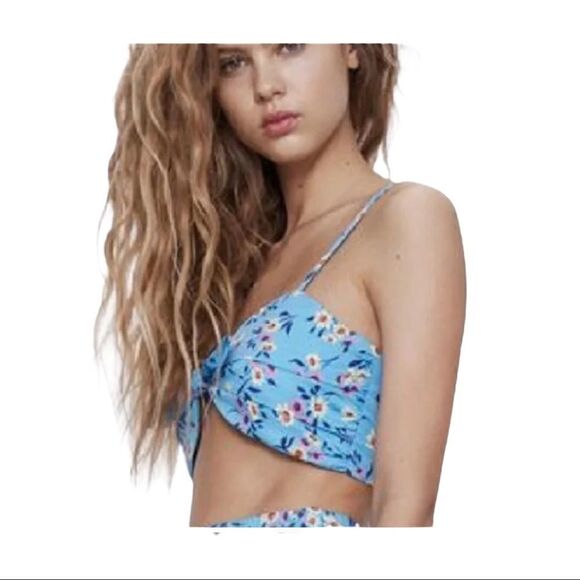 NWT XL Zara Summer Blue Floral Front Knot Crop Top - Picture 1 of 8